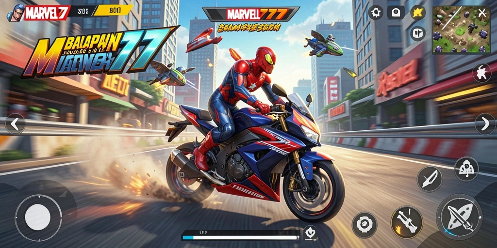Tampilan gameplay MARVEL77 dengan motor balap di trek yang menantang.