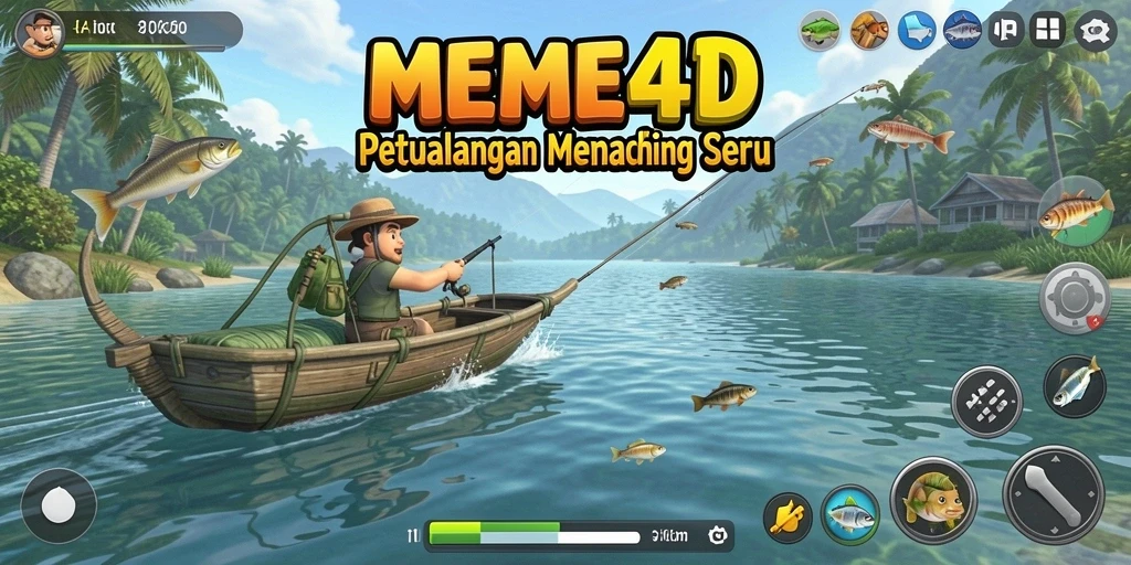 Screenshot gameplay MEME4D menampilkan pengalaman memancing yang mendebarkan.