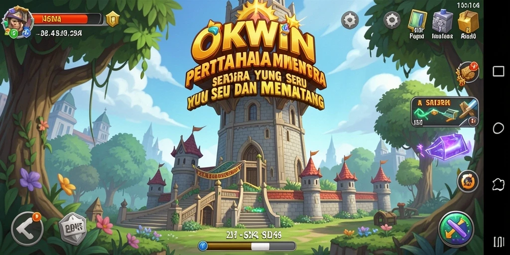 Tangkapan layar gameplay <strong>OKWIN</strong> menunjukkan aksi menara yang seru dalam Tower Defense.